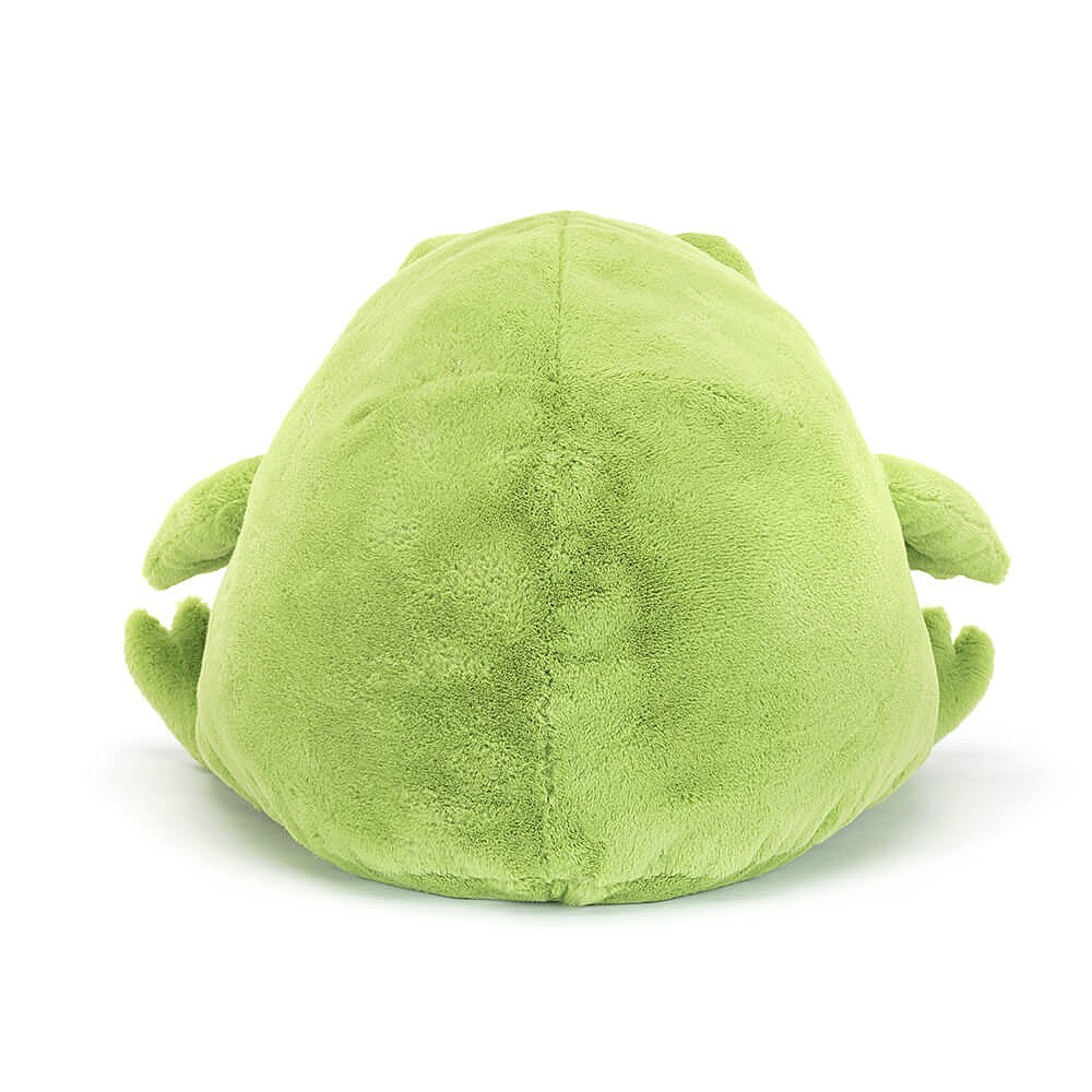 Back side of a green plush frog toy on a white background