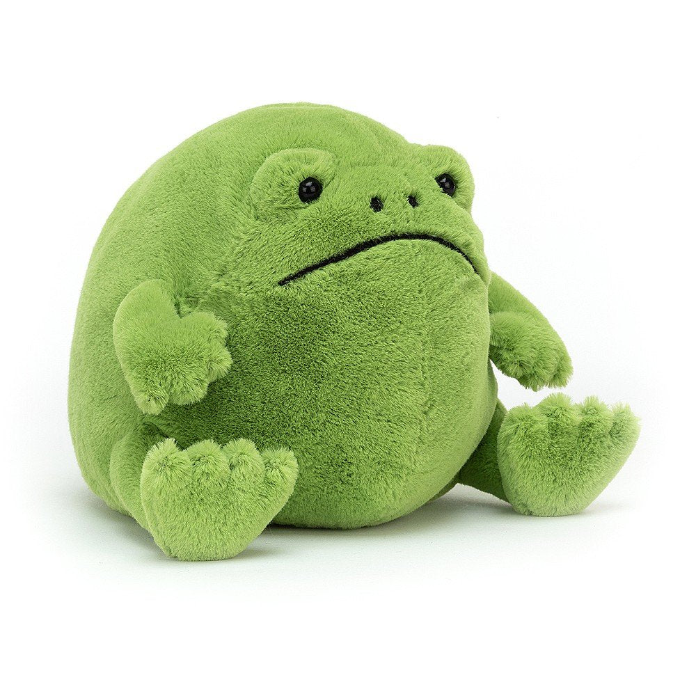 Side of a  green plush frog toy on a white background