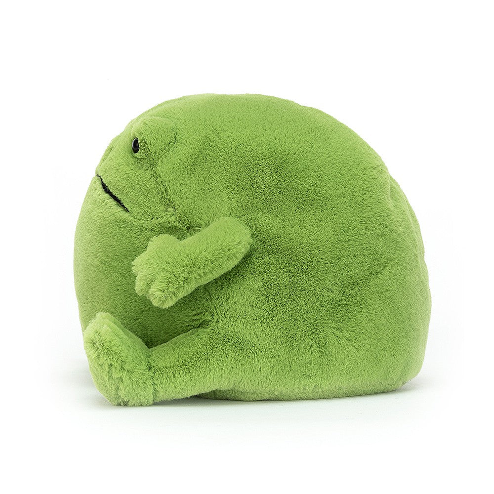 Side of a  green plush frog toy on a white background