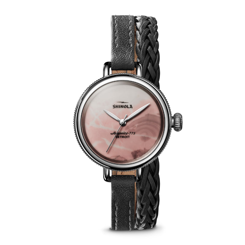Shinola The Birdy 34mm Pink Mother of Pearl Dial Black Leather Quartz