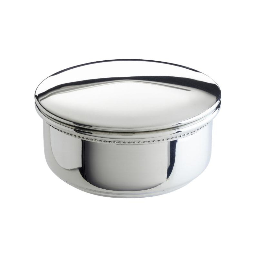 Silver round silver jewelry box with lid on a white background.