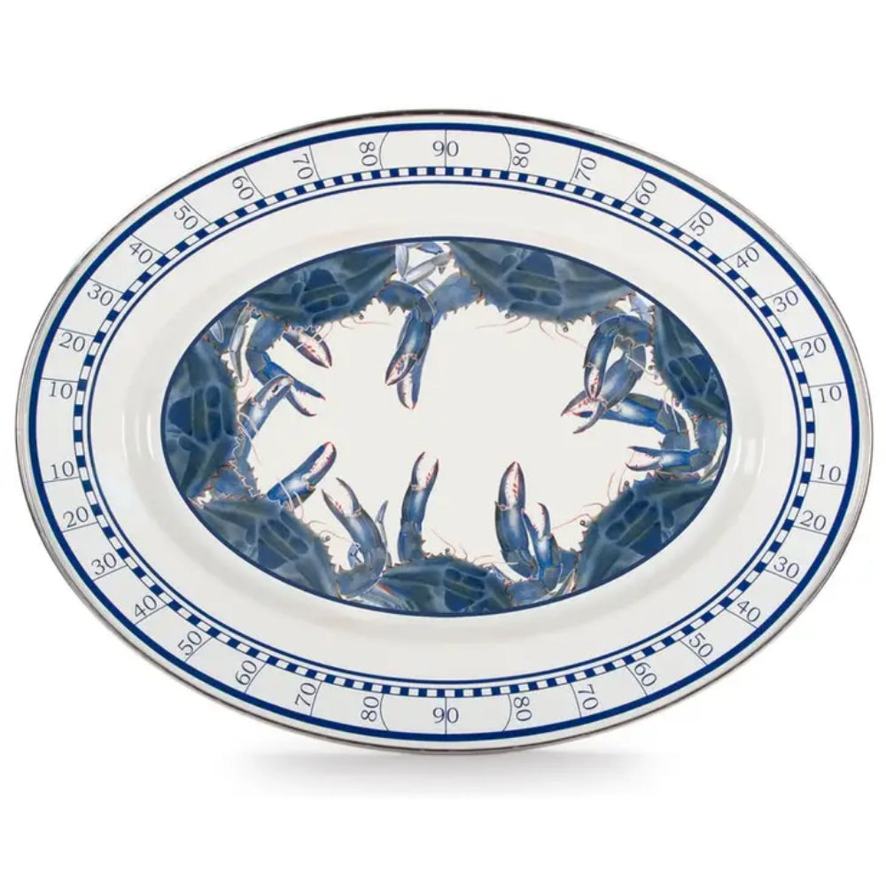 Temperature gauge with blue crab design on a white background.