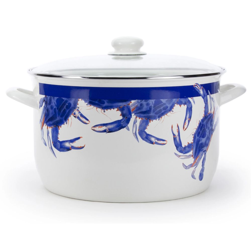 White crab themed enameled steeled stock pot with blue crab designs on a white backround. 
