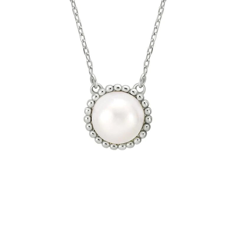 Sterling Silver White Pearl Necklace With Beaded Edge
