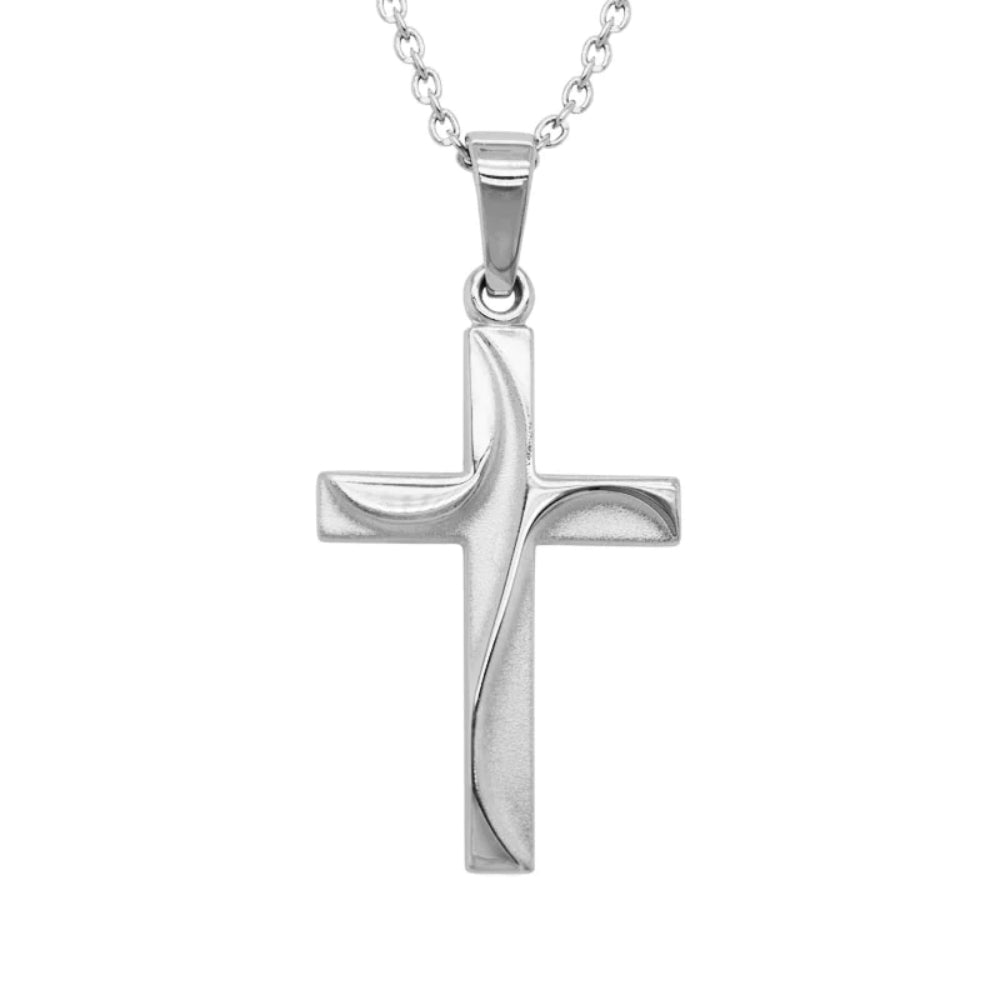 Silver cross pendant on a chain against a white background