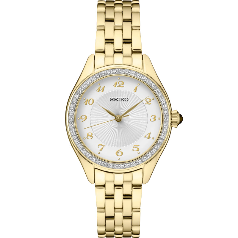 Seiko Essentials 29mm Patterned White Dial Gold Stainless With Swarovski Crystals