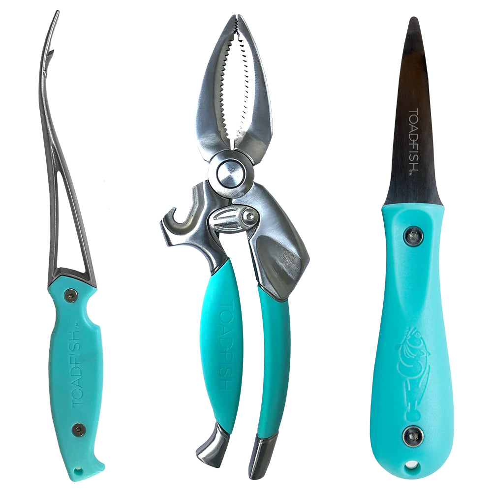 A set of kitchen knives and tools with teal handles on a white backround. 