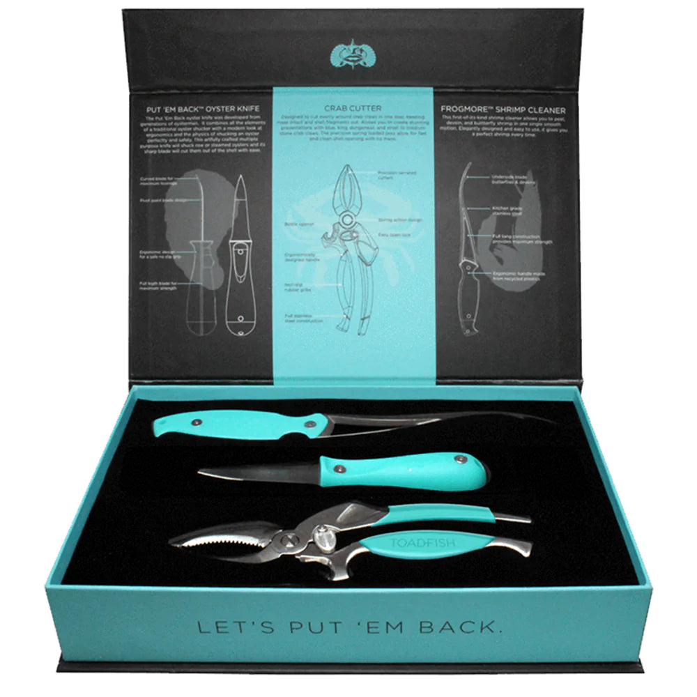 Set of kitchen knives and tools in a opened teal and black box with 'Let's Put 'Em Back' text.