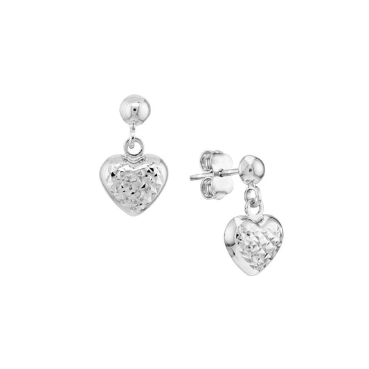 14k White Gold Puffed Heart Dangle Earrings