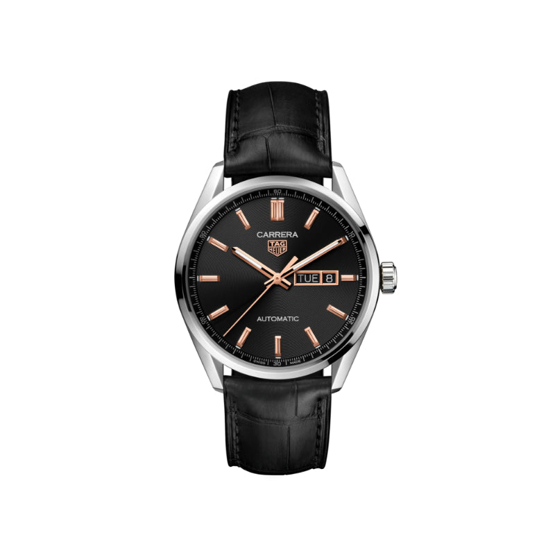 Tag Heuer Gents Carrera 41mm Day Date Automatic - Black & Rose/Leather