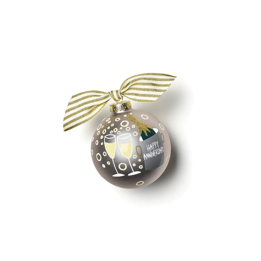 Ornament with Champagnue glasses, grey color with gold and white accent tied bow on top. 