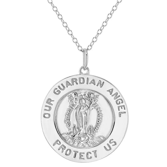 Children's Sterling Silver Guardian Angel Round Medal Pendant