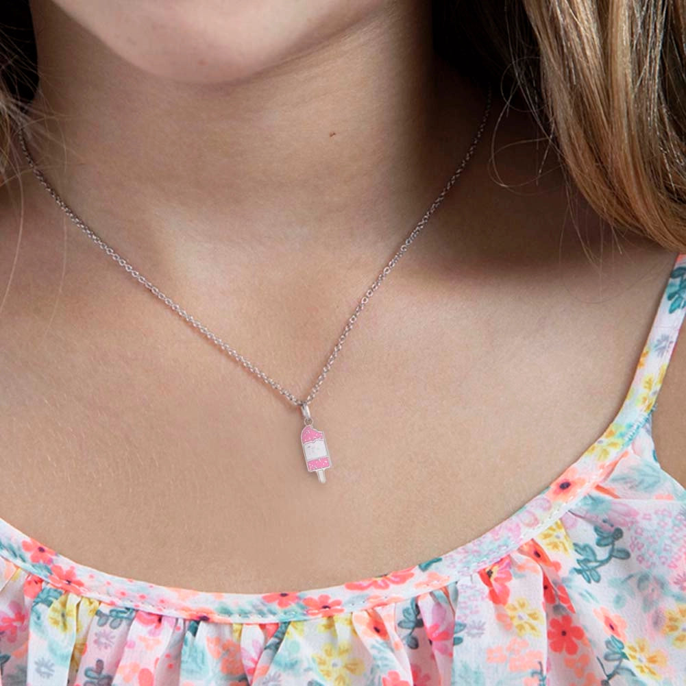 Children's Sterling Silver Pink Glitter Ice Cream Bar Pendant Necklace