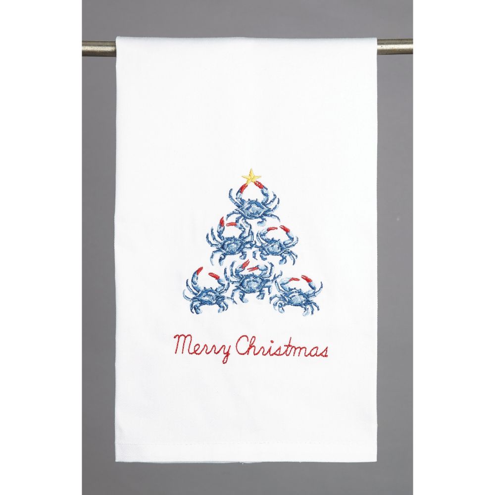 Blue Crab Christmas Tree Embroidered Kitchen Towel
