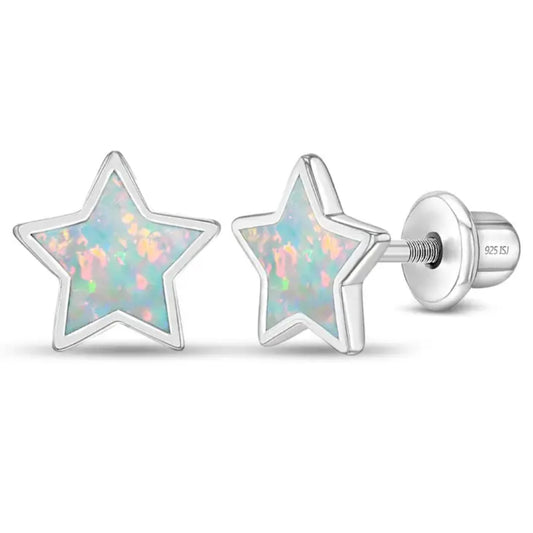 Children's Sterling Silver & Simulated Opal Star Stud Earrings