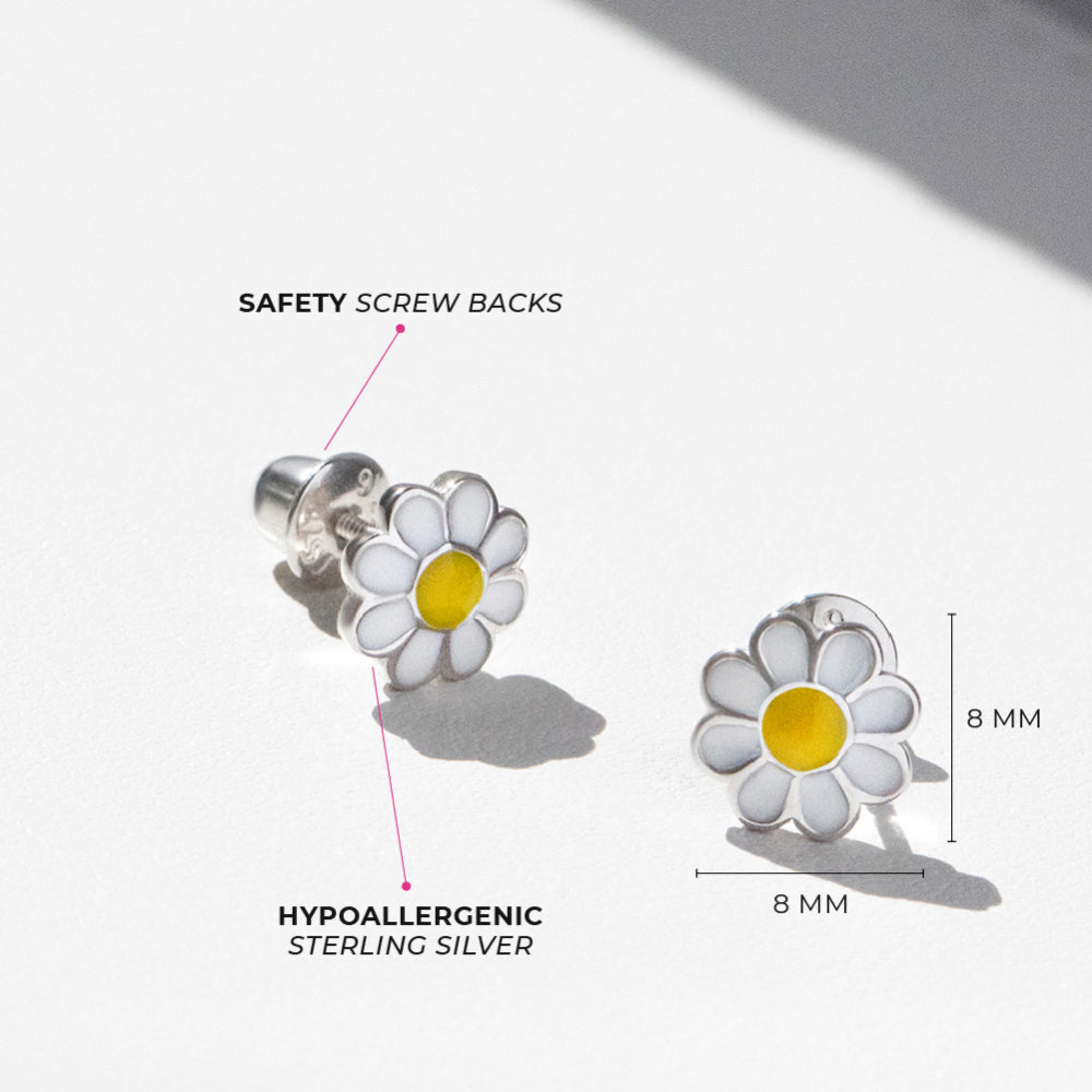 Children's Sterling Silver Enamel Daisy Screw Back Earrings