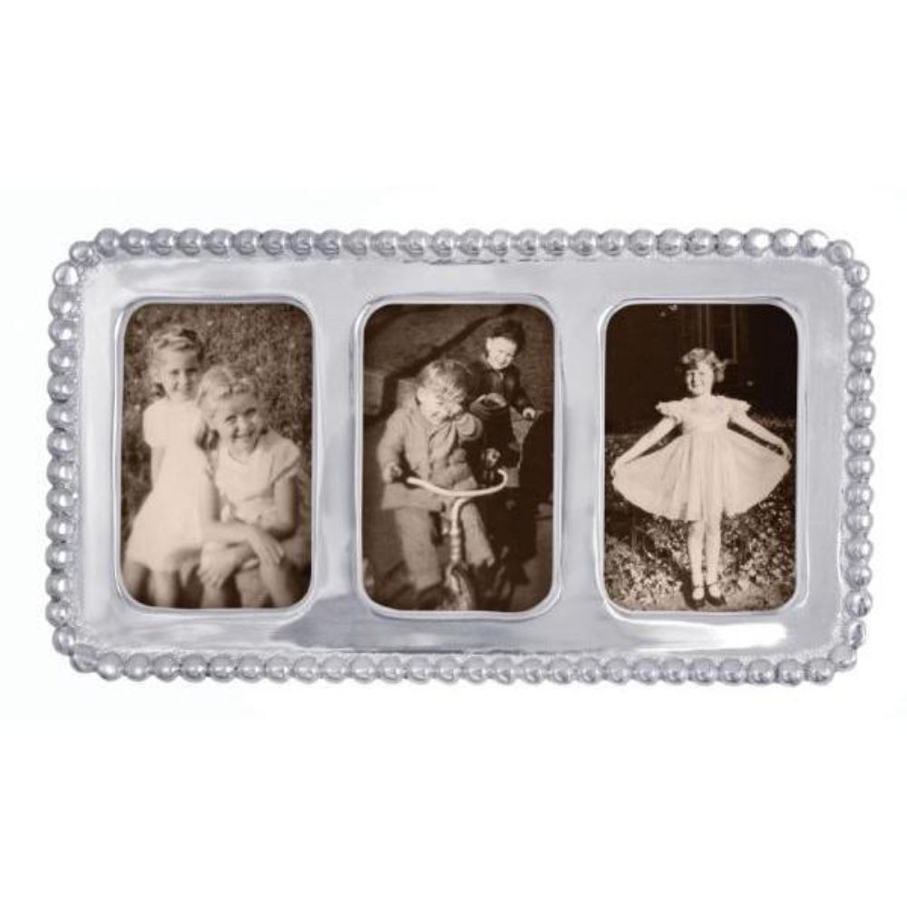 A silver aluminum beaded collage frame with three photo slots, displaying black and white photos of two individuals on first two slides and one individual on the last slide. 