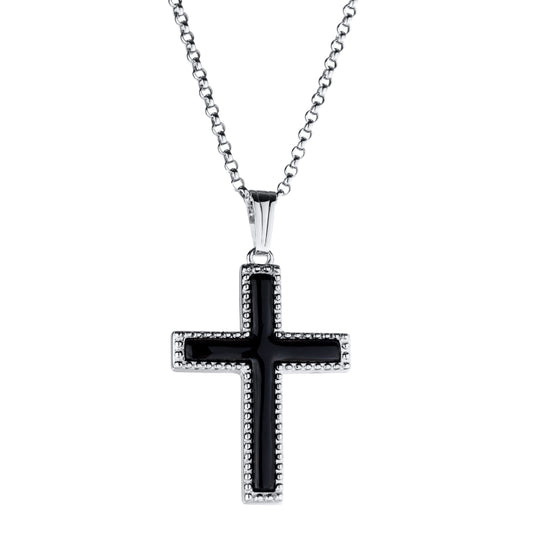 Sterling Silver Onyx Beaded Cross Necklace