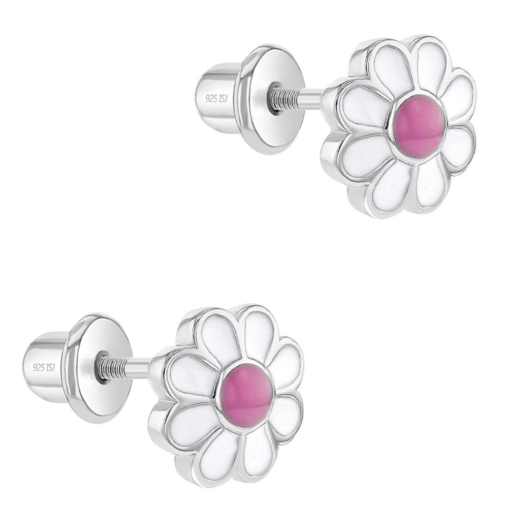 Children's Sterling Silver Enamel Daisy Screw Back Earrings