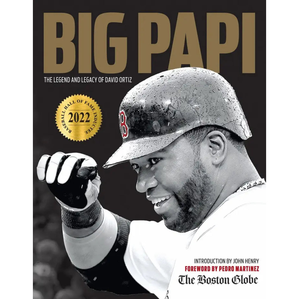 A book cover featuring a black and white photograph of David Ortiz with a baseball cap, celebrating and the title 'Big Papi - The Legend and Legacy of David Ortiz'.