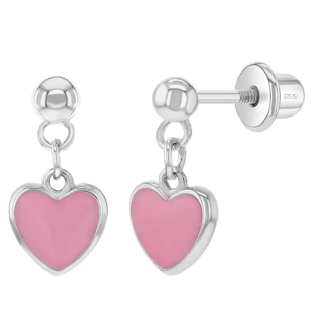 Children's Sterling Silver & Pink Enamel Heart Dangle Screwback Earrings