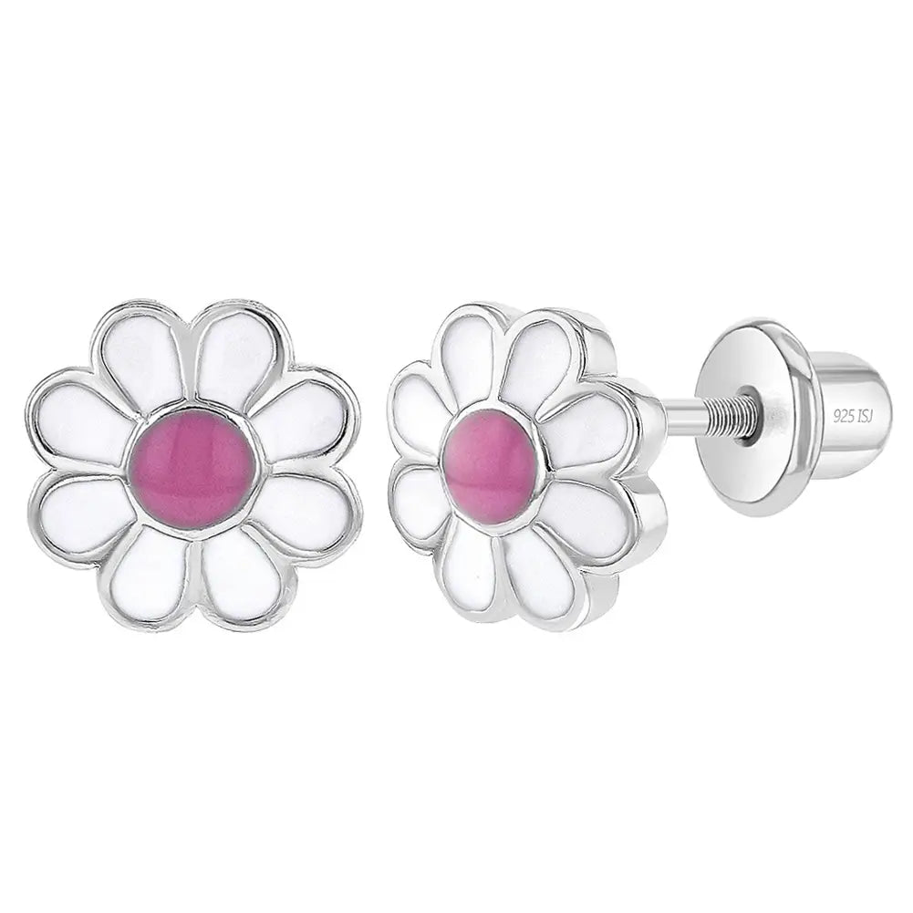 Children's Sterling Silver Enamel Daisy Screw Back Earrings