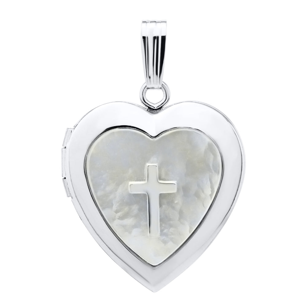 Silver & Mother of Pearl Heart with Cross Locket Necklace 18"