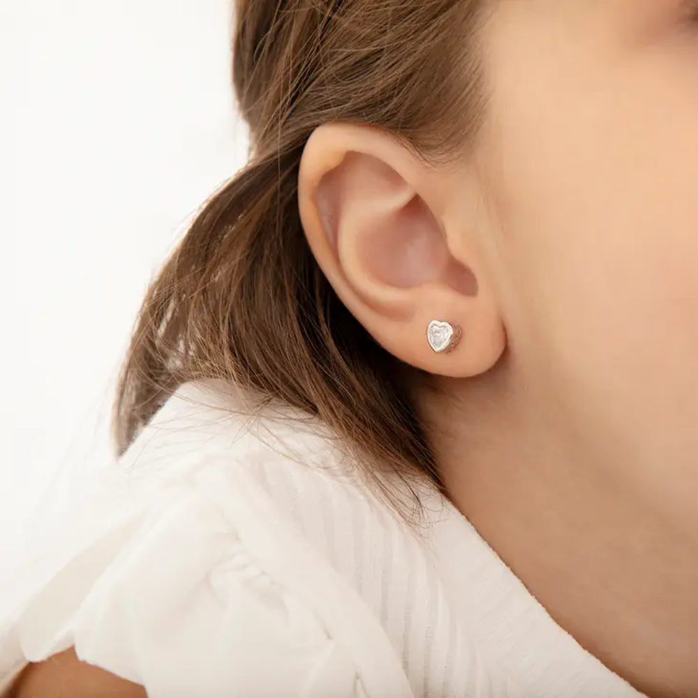 Children's Sterling Silver Heart Shape CZ Earrings - April
