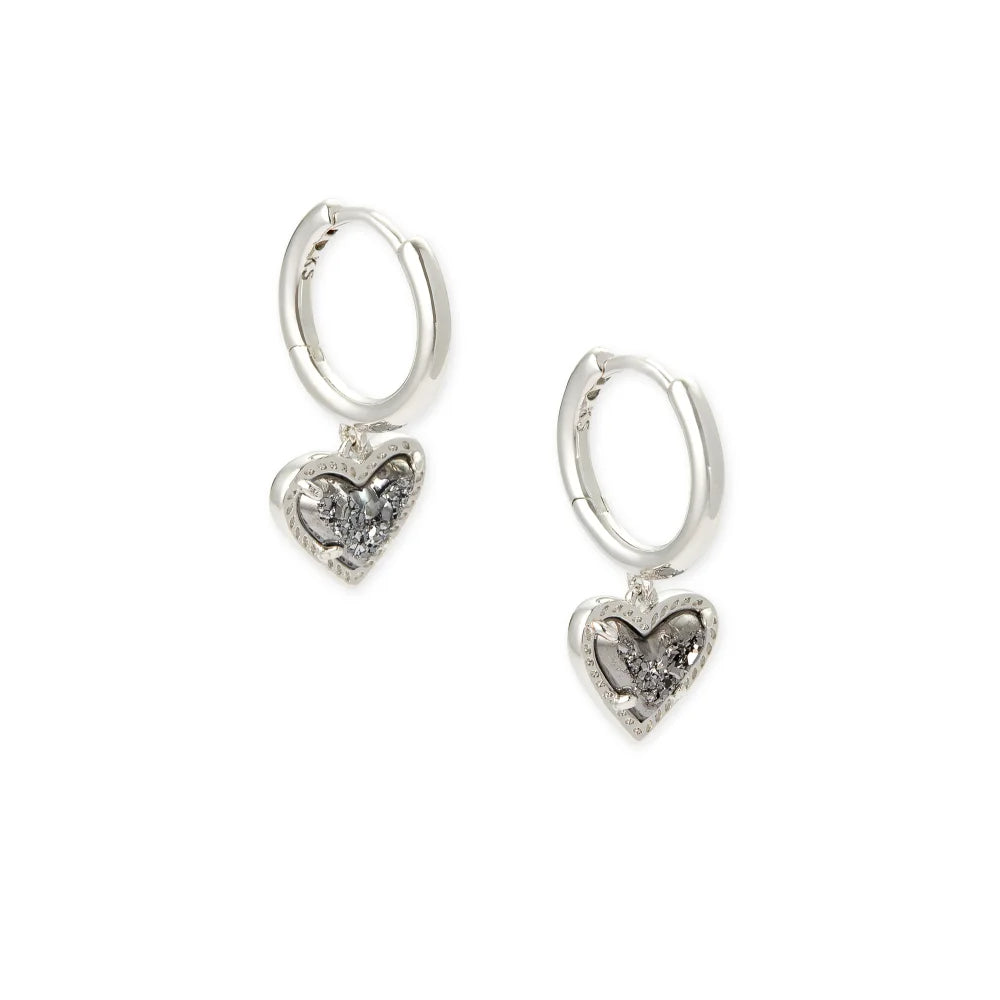 Kendra Scott Ari Heart Rhodium Huggie Earrings in Platinum Drusy