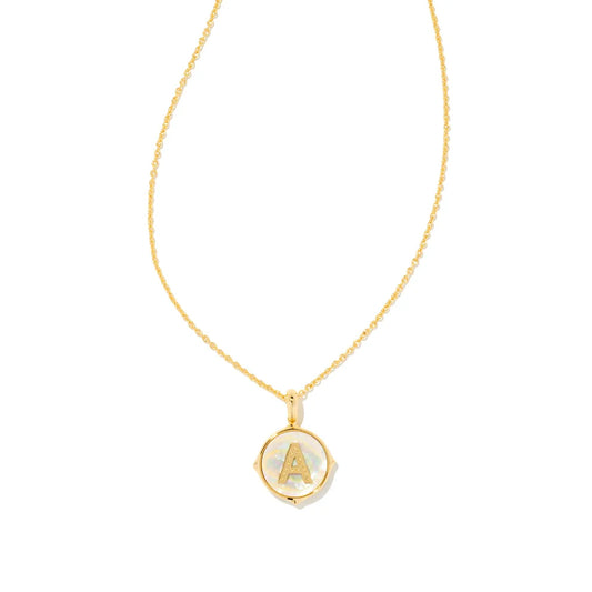Kendra Scott Letter Gold Disc Reversible Pendant Necklace in Iridescent Abalone