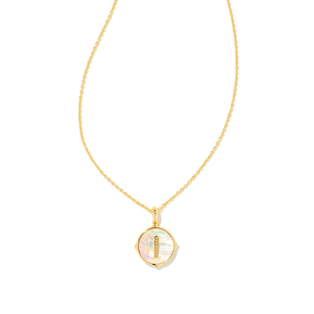 Letter A Gold Disc Reversible Pendant Necklace in Iridescent Abalone