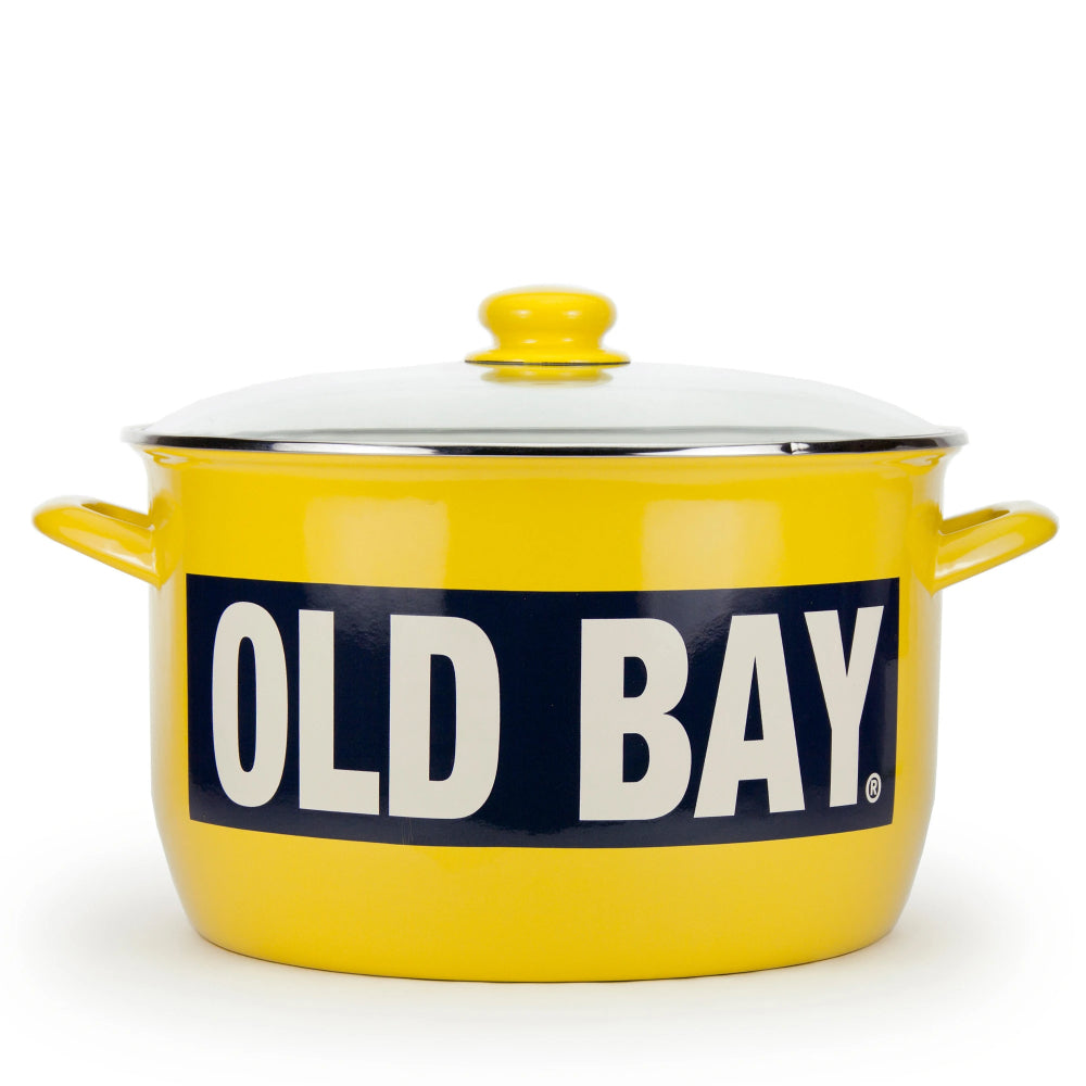 Yellow pot with 'OLD BAY' label on a white background.