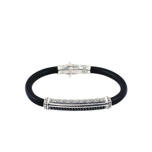 Konstantino Sterling Silver Black Spinel Bar Leather Bracelet