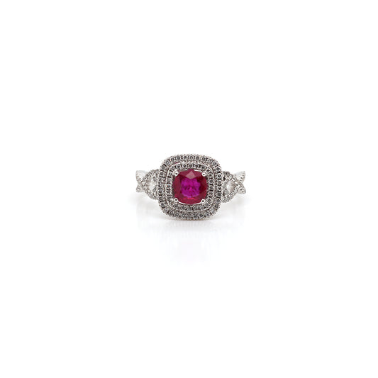 18k White Gold Ruby Ring with Double Halo
