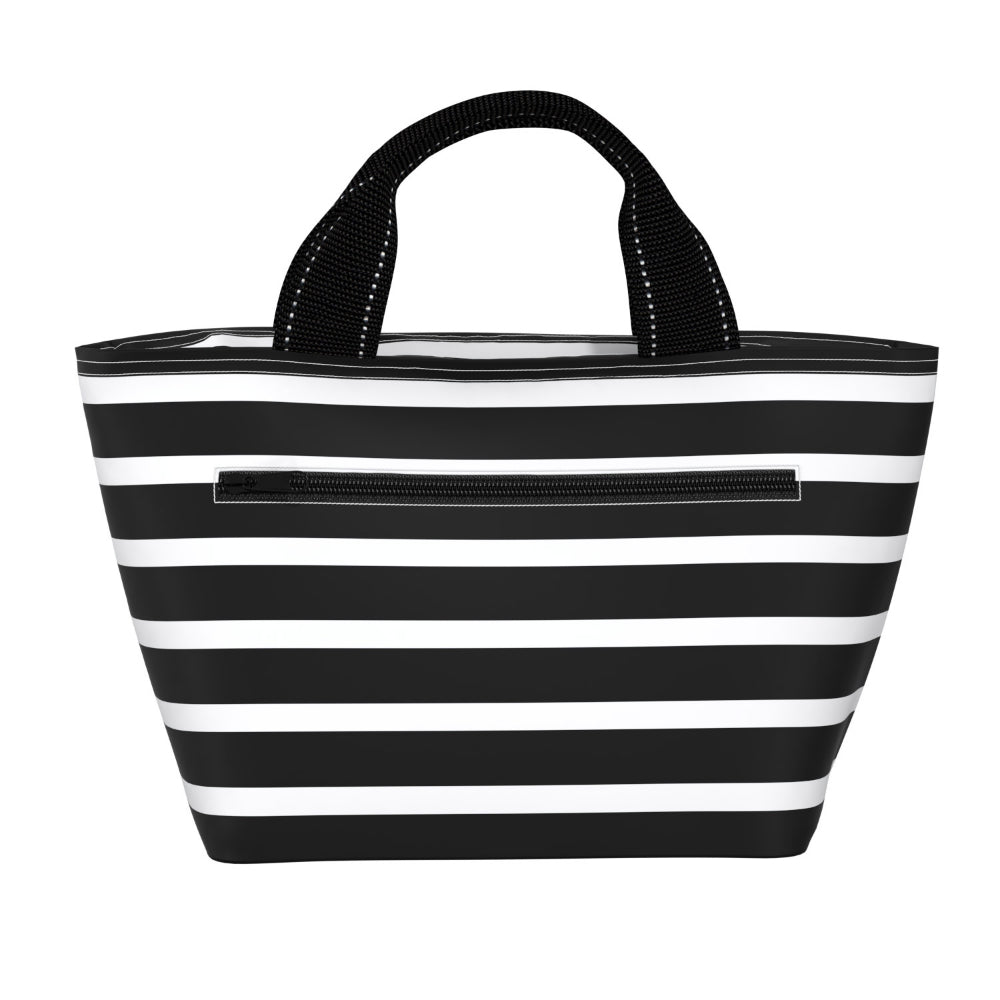 Black and white striped lunch bag on white background 