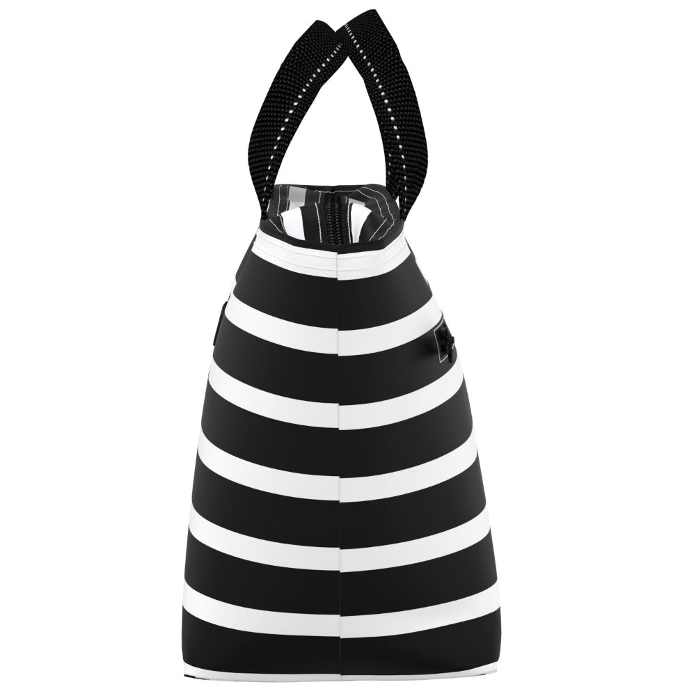 Angle photo of black and white striped lunch bag with handles on white background. 