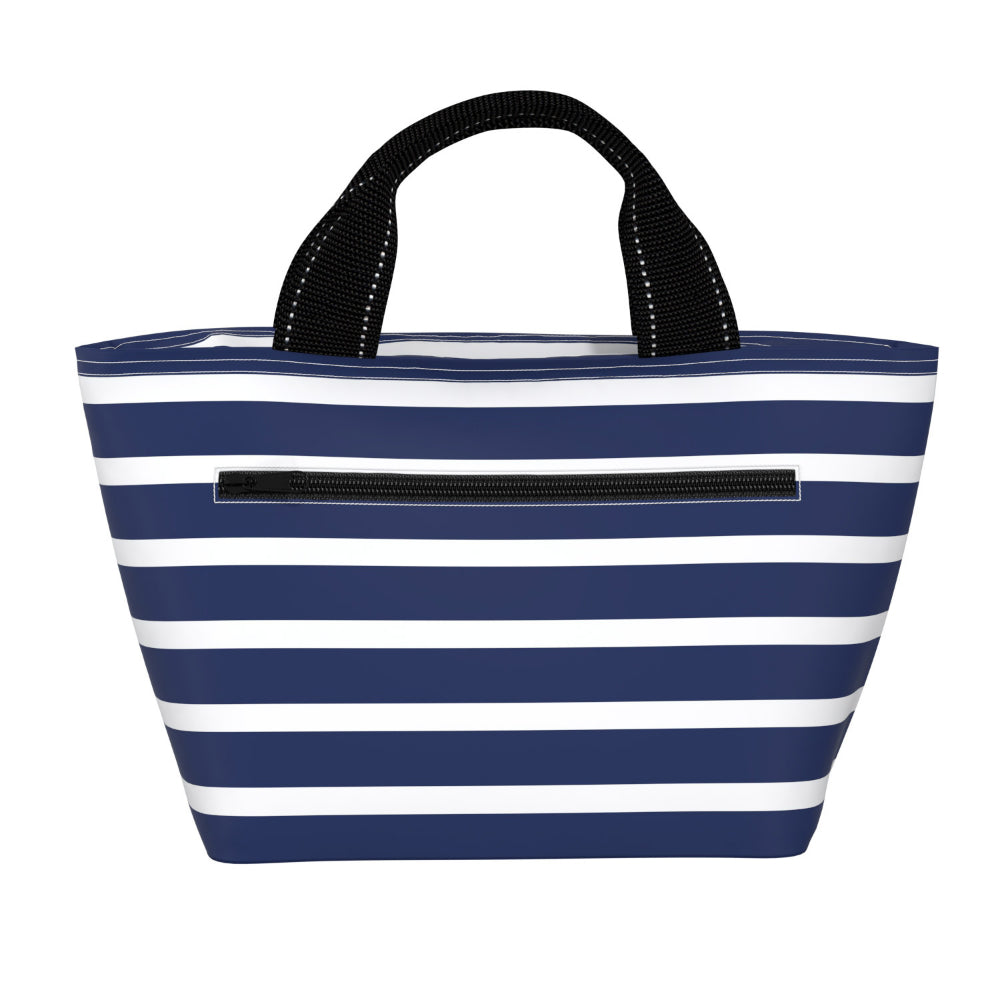 A blue and white striped lunch bag with handles and zipper on white background. 