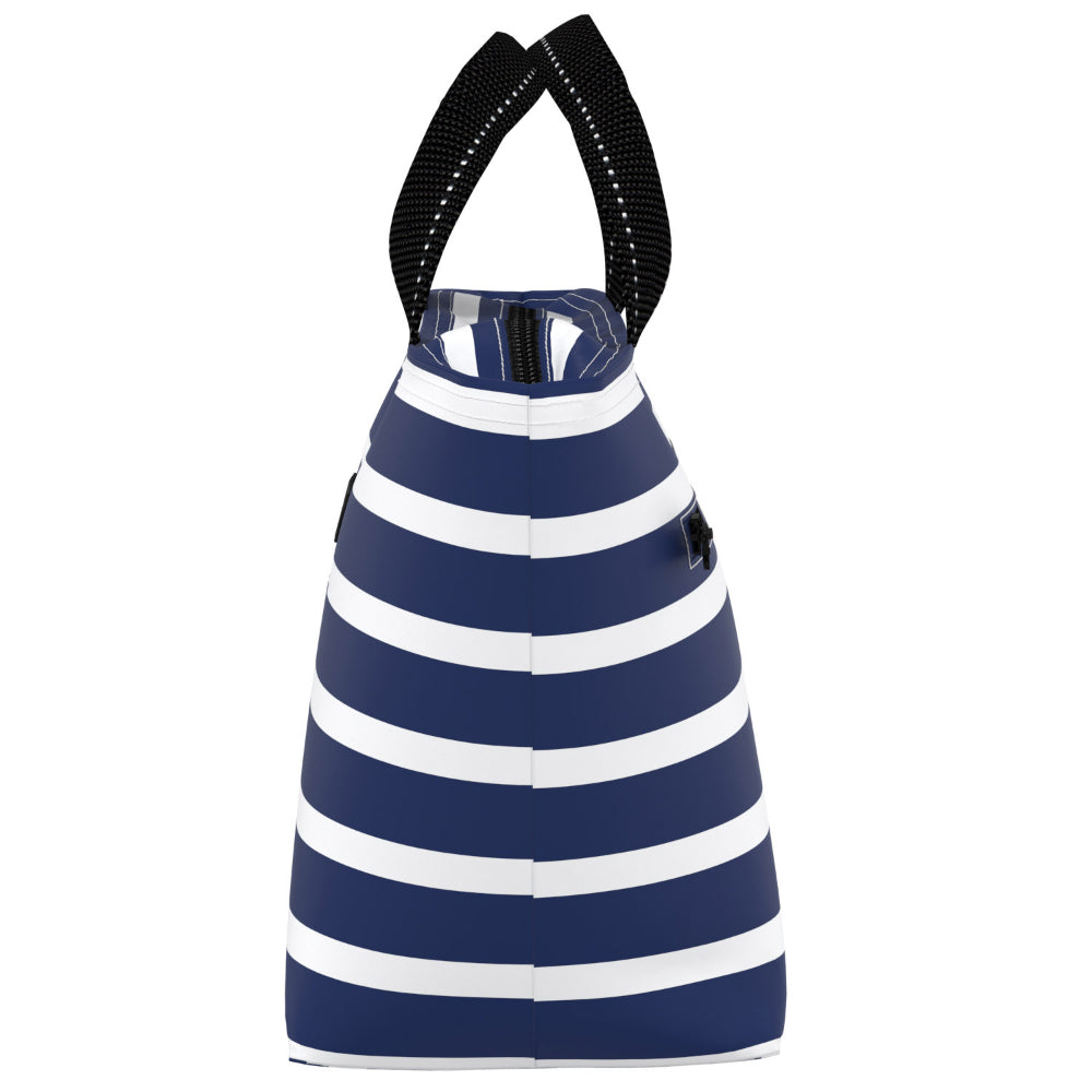 Angled photo of blue and white striped lunchbox with handles and zipper on white background. 