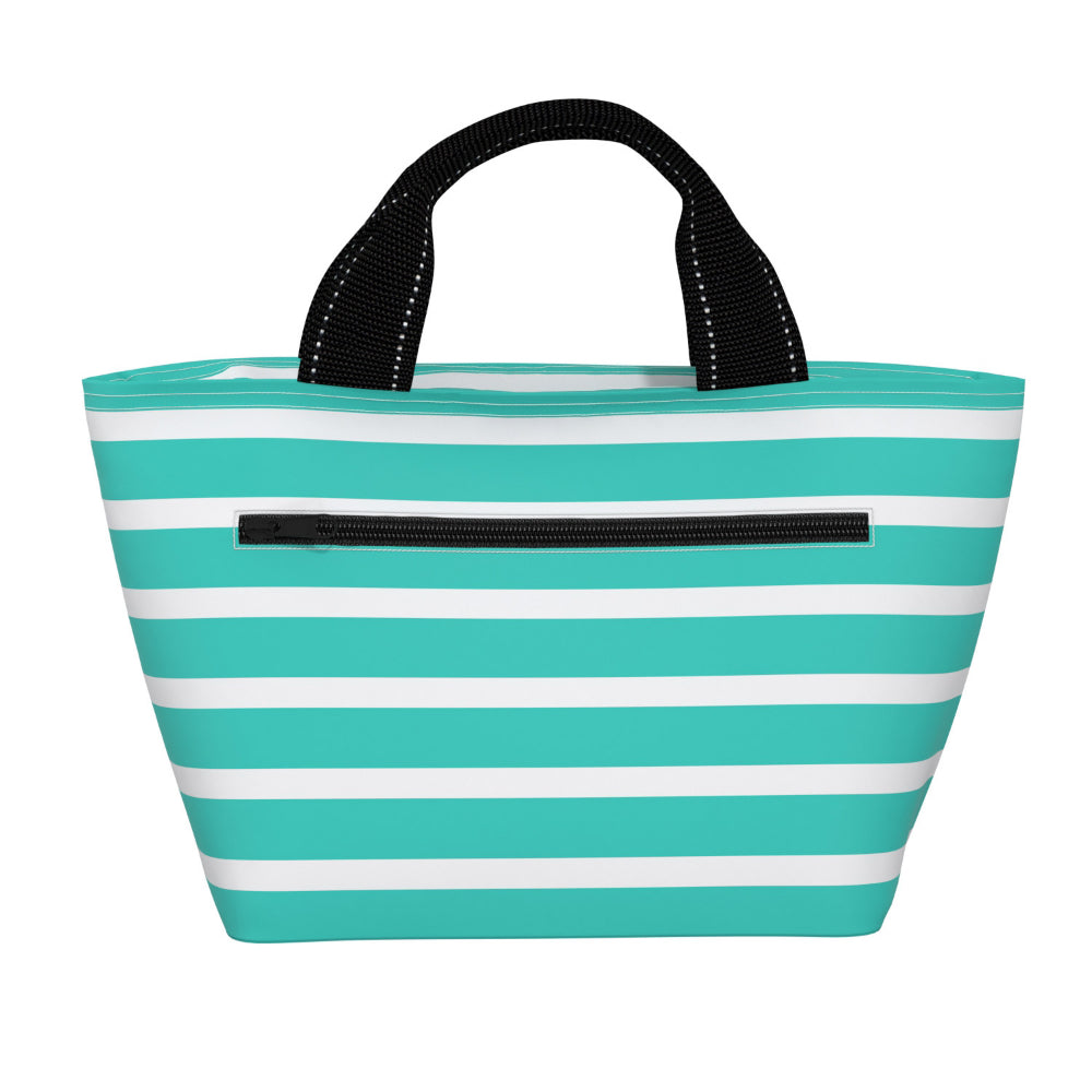 Teal and white striped lunch box with handles and zipper on white background. 