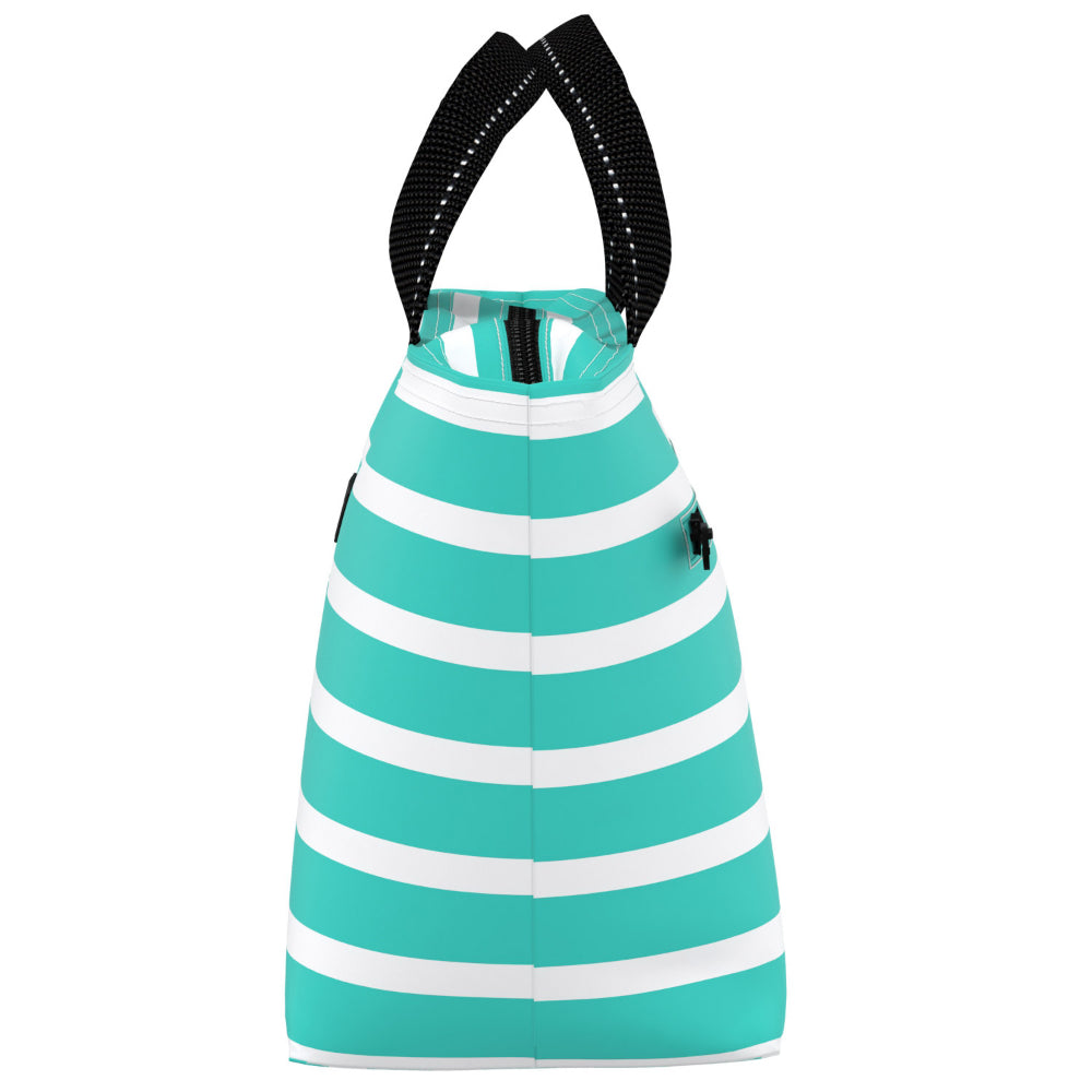 Angled photo of Scout's teal and white striped lunch box with handles and zipper on white background.  