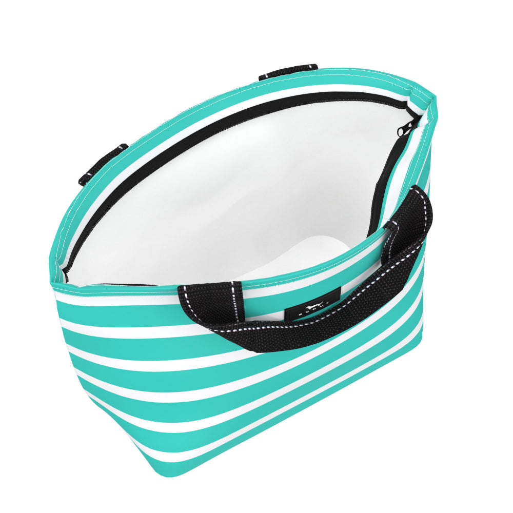 Interior look of white inside of Scout's teal and white striped lunchbox with handles and visible logo on white background. 