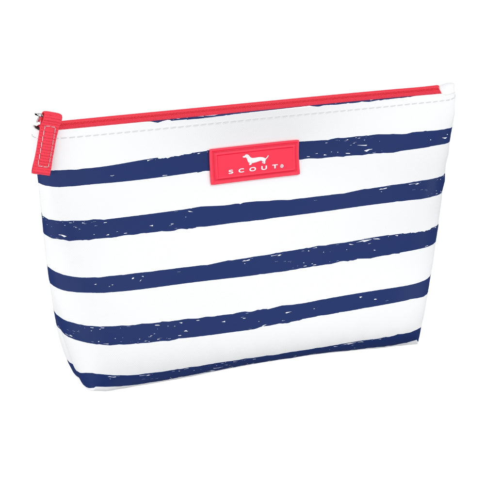 A slim, vertical striped pouch with a red zipper, branded with 'Scout' on the front.