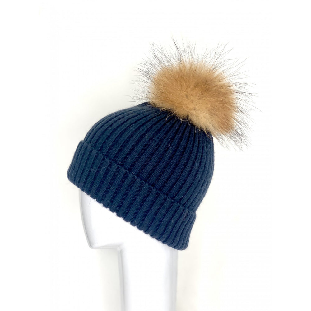 Wool Ribbed Knit Hat with Genuine Fur Pom Pom