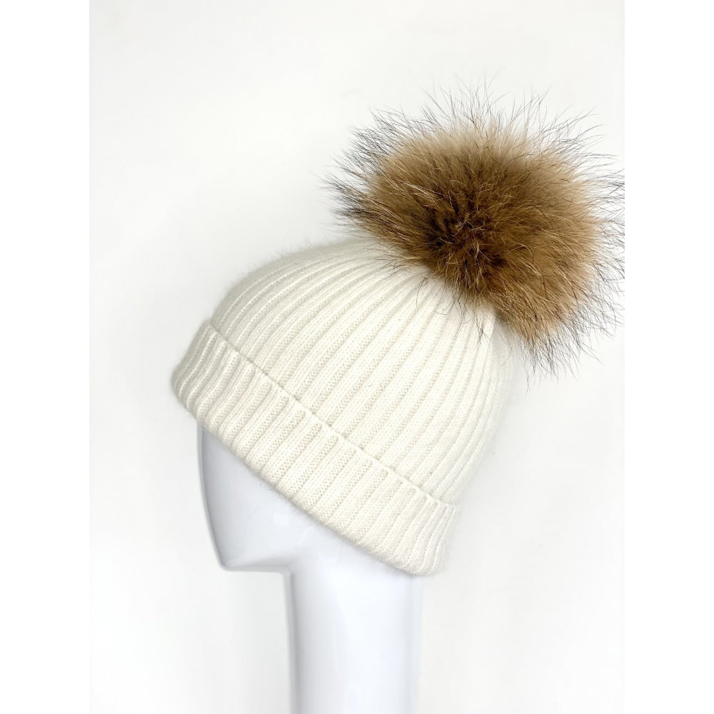 Wool Ribbed Knit Hat with Genuine Fur Pom Pom