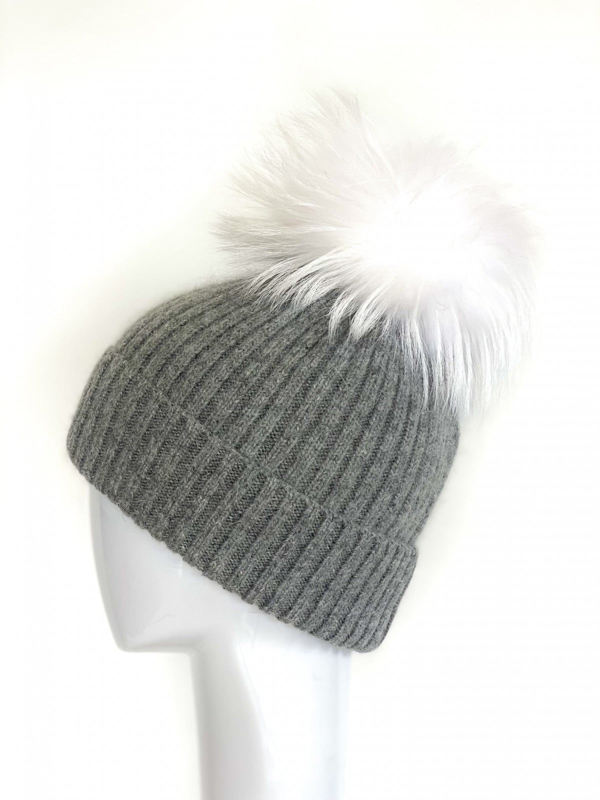 Wool and Angora Ribbed Knit Heather Gray Hat with Genuine Fur Pom Pom