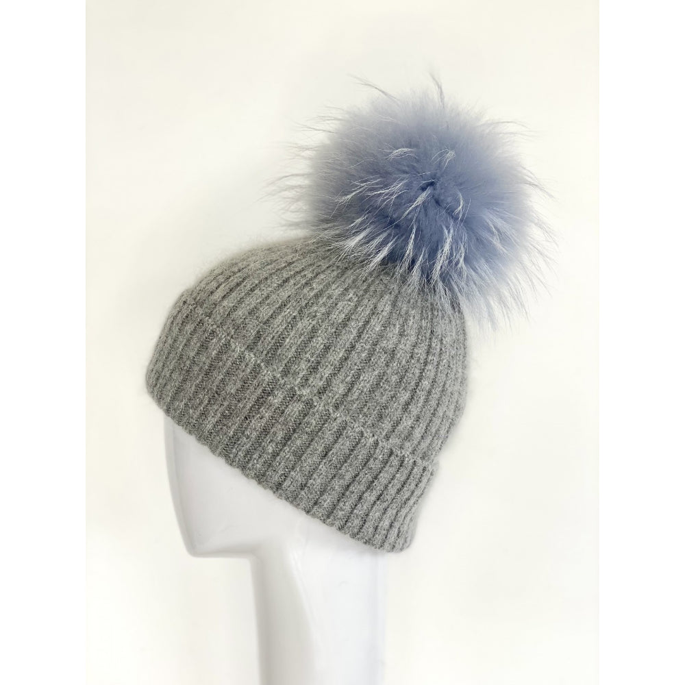 Wool and Angora Ribbed Knit Heather Gray Hat with Genuine Fur Pom Pom